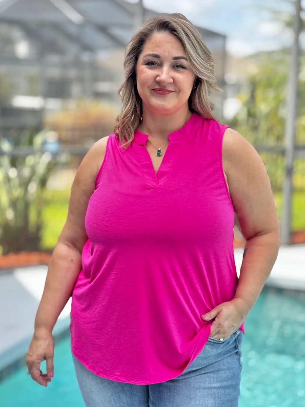 Sleeveless Notch-Neck Dear Scarlett Boutique Tank in Fuchsia
